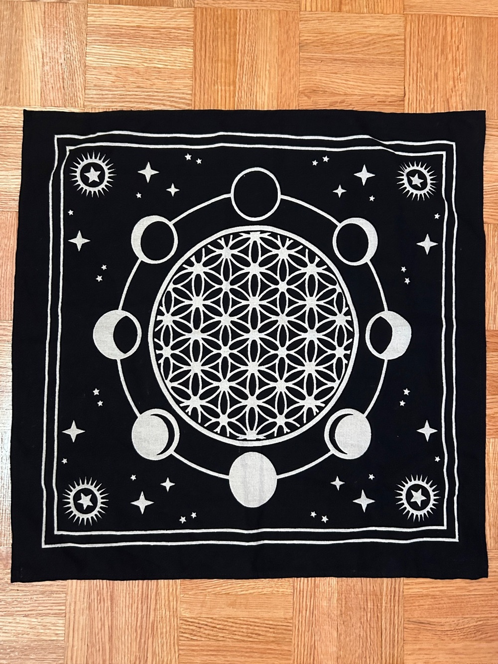 Black Bandana with Lunar Phase & Sacred Geometry Print 20x20